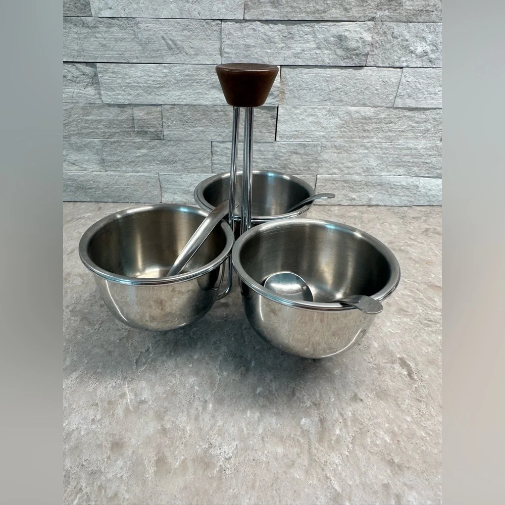 MCM Condiment Serving Set Stainless Bowls Caddy Wood Handle and Spoons Vtg